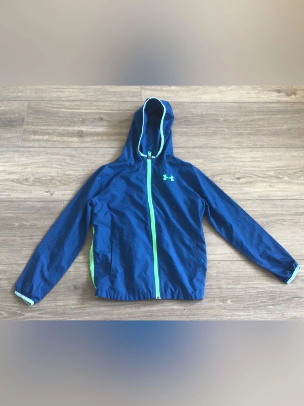 Under Armour Blue Hooded Windbreaker with Neon Green Accents